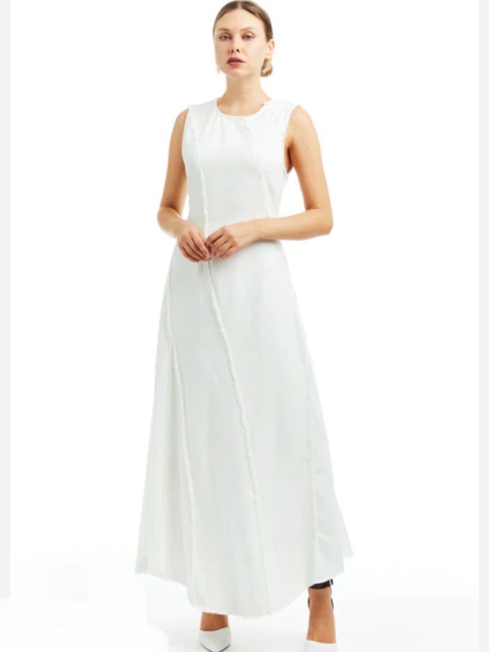 Zara Sleeveless Denim White Maxi Dress with Frayed Detail